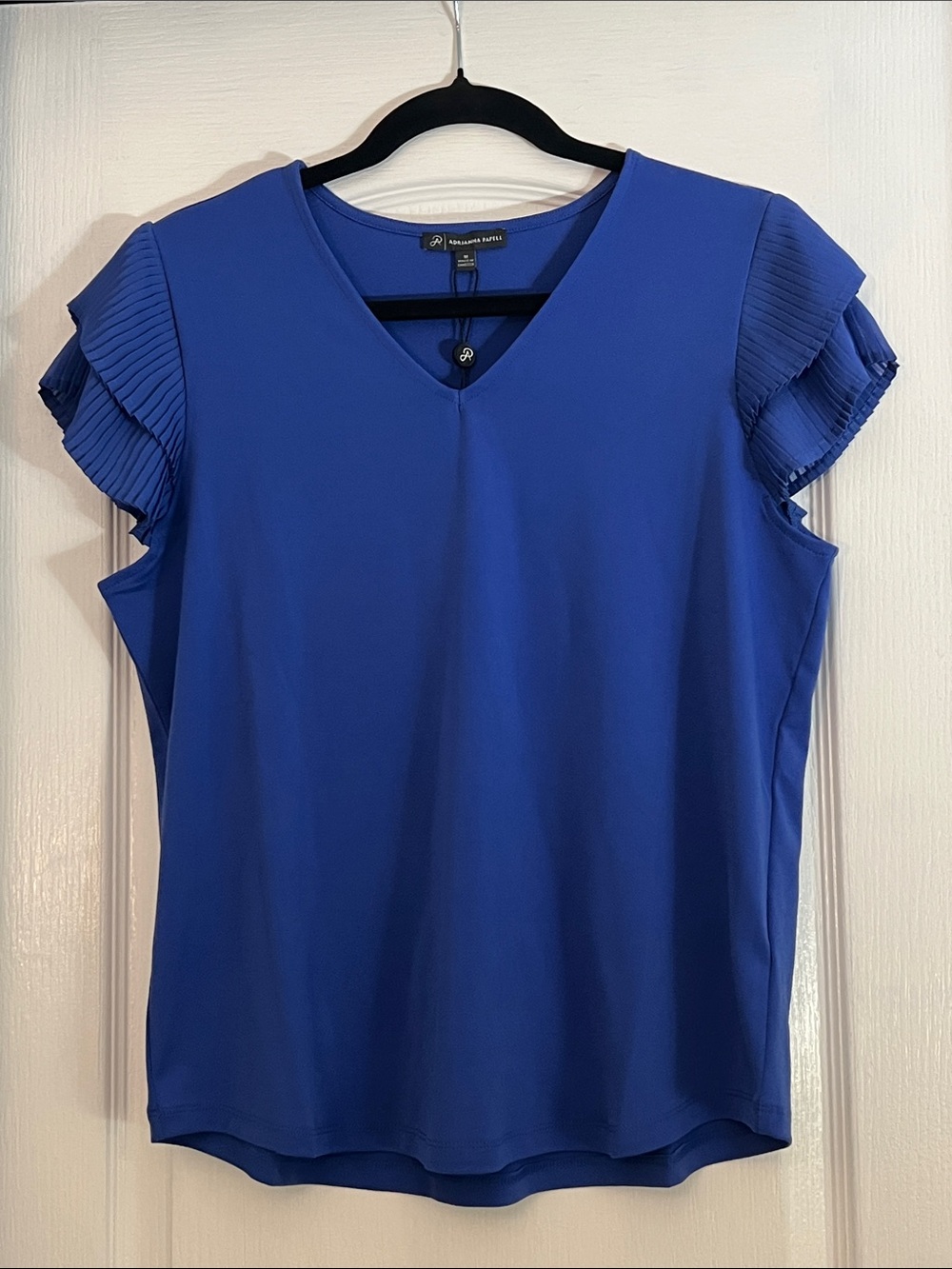 Adrianna Papell Amparo Blue V-Neck Pleated Flutter Sleeve Top Size M NWT - Picture 2 of 10
